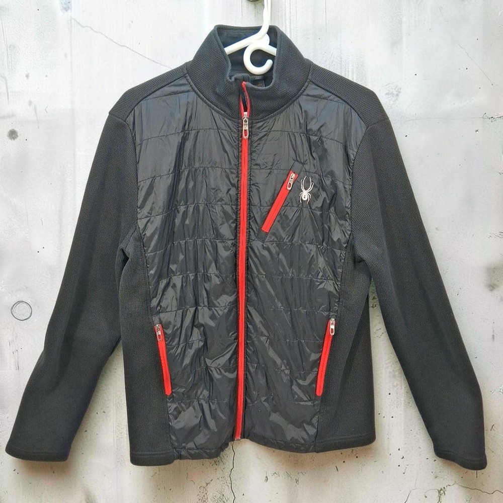 Spyder Hybrid Full Zip Jacket Mens Medium Black Red Puffer Fleece Sweater Ski